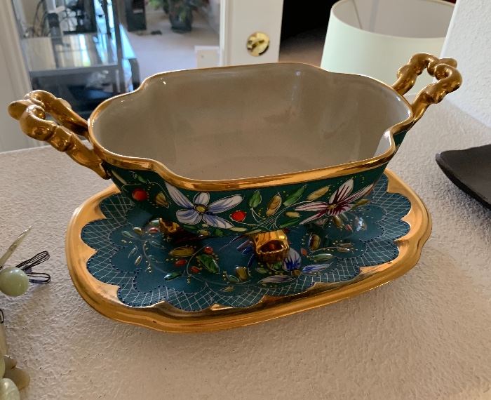 H Bequet Quaregnon Belgium Lidded Bowl w/ Platter