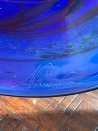 Blue Art Glass Plate Signed