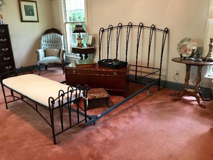 King sleigh bed iron bench