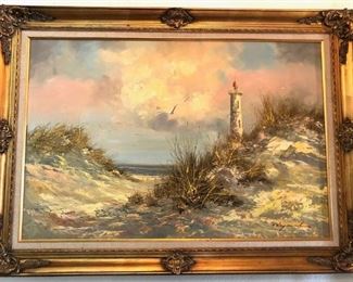 Large Lighthouse Oil in Vintage Frame-signed Raymond