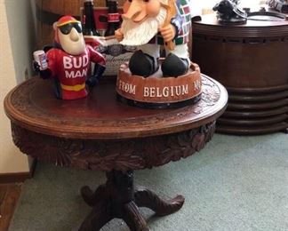 Antique Round Table and Bud Man and Bar Collectibles