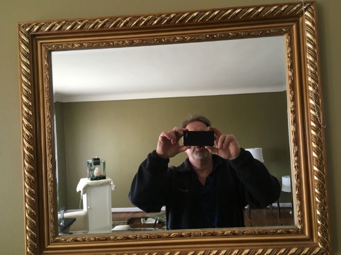 a large beveled-mirror -- goofy guy in the picture free to good home!