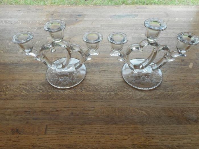 Set of 2 etched 3 light candle holders, 6" tall https://ctbids.com/#!/description/share/132493