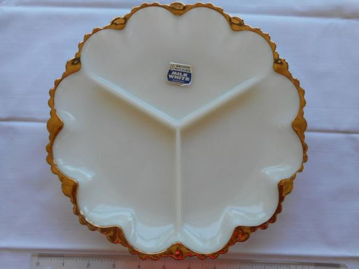 vintage Anchor Hocking milk white w/gold edge divided dish          https://ctbids.com/#!/description/share/133141