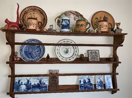 Shelf with misc collectibles.  Wades,  Pennsbury Pottery, Delft, 
