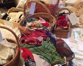 Lots of Lace, vintage scarves, gloves, hankies, flowers, and linens