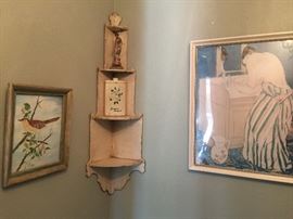 Painted corner what not shelf, art work and a second Mary Cassatt 