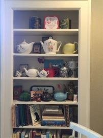 Lots of Tea Pots, cook books and tins