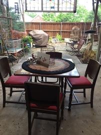 Vintage card/tea table, four vintage chairs, and more garden