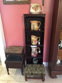 Small vintage shelf, vintage jugs, vintage foot stools