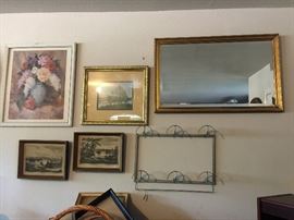 Mirrors, vintage hat display and art work