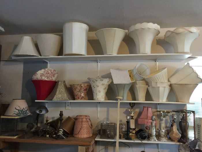 A great collection of lamp shades and vintage lamps