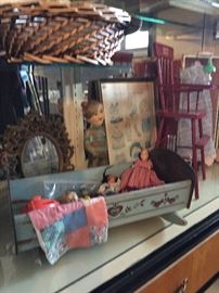 More doll furniture, dolls, tea sets