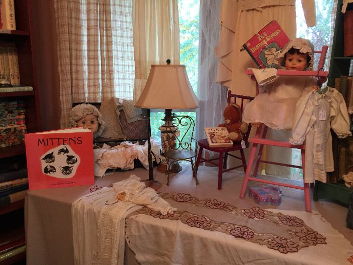 Vintage dolls, furniture, vintage baby clothing, lamps