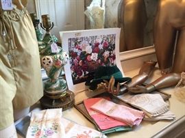 Vintage linens, lamps, art work