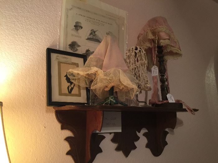 Victorian shelf, vintage night caps, art work and display pieces