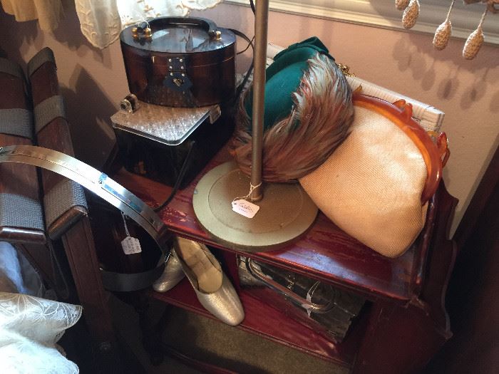 Vintage hats, purses, shoes and side table
