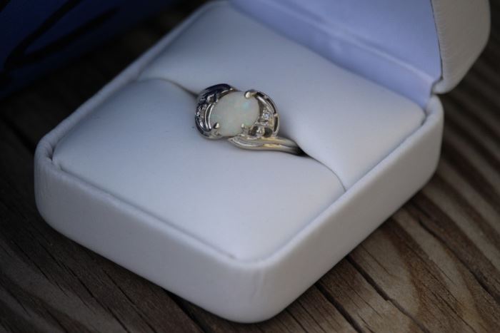 Sterling Opal & Diamond Chip Ring