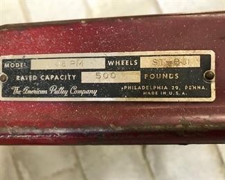 Vintage American Pulley Company 500 pound capacity dolly.