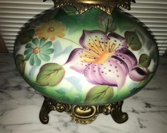 Gorgeous large vintage lamp with original matching hand painted base and shade.