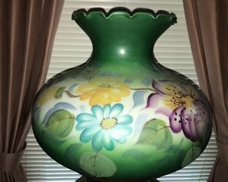 Gorgeous large vintage lamp with original matching hand painted base and shade.