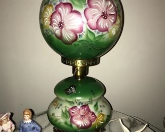 Two round “Crump Carving Shop” marble-top lamp tables (1950s) and single GWTW-style green lamp.