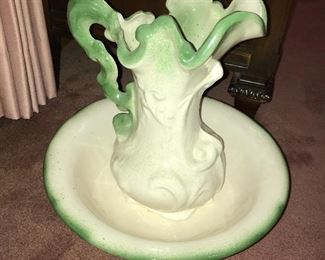 Vintage handmade ceramic pitcher and bowl set.