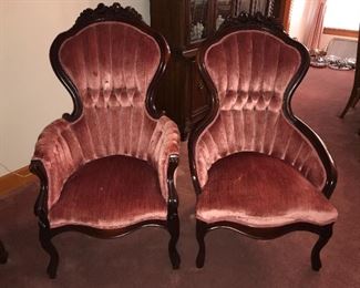 Victorian-style “Mr. and Mrs.” parlor chairs made by Kimball Furniture, Montgomery, AL in the 1950s. Kimball later became Jasper Furniture Co.