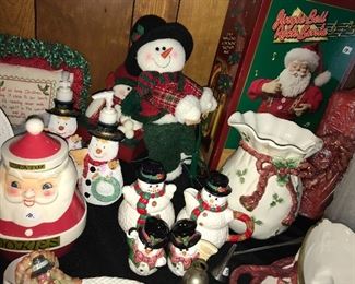 Christmas decor, including several Fitz and Floyd serving pieces.