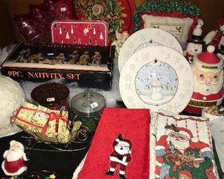 Christmas decor, including several Fitz and Floyd serving pieces.