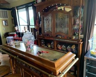 Bar and bar cabinet available for presale. Extremely well made with brass top and accents. Easy access to move out. Text offers to 847-772-0404.
