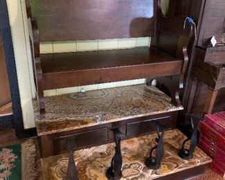 Amazing vintage shoe-shine stand with gorgeous marble platforms! A wonderful statement piece. Available for presale. Text offers to 847-772-0404.Beautiful vintage shoeshine bench!