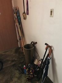 Umbrella stand, umbrellas and walking sticks