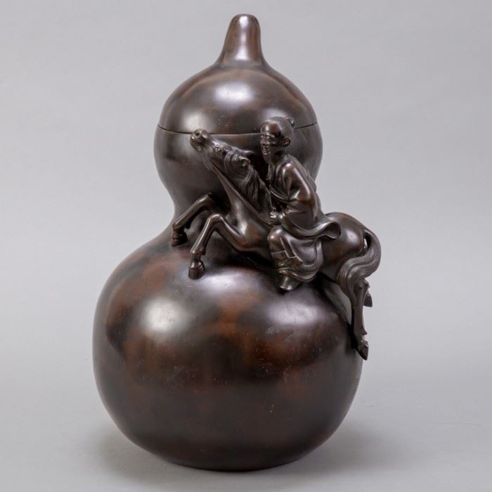 Japanese Meiji Bronze Double Gourd Censer w/ Rider