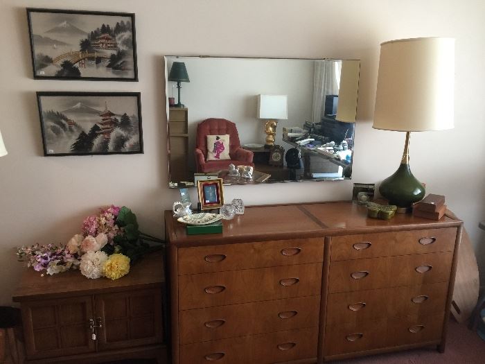 Mid-century modern dresser, lamp, end table