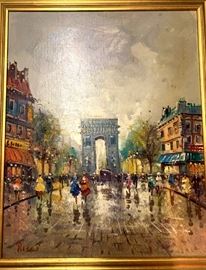 Original oil. Mid-century impressionist Paris street scene signed Ricci. Frame 23" x 9", Image 19 1/2" x 15 1/2".   