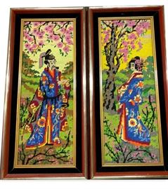 Pair of framed Needlepoints. Frames measure 22” x 10”, Image 18 ½” x 6 ¾”. In very good condition.  