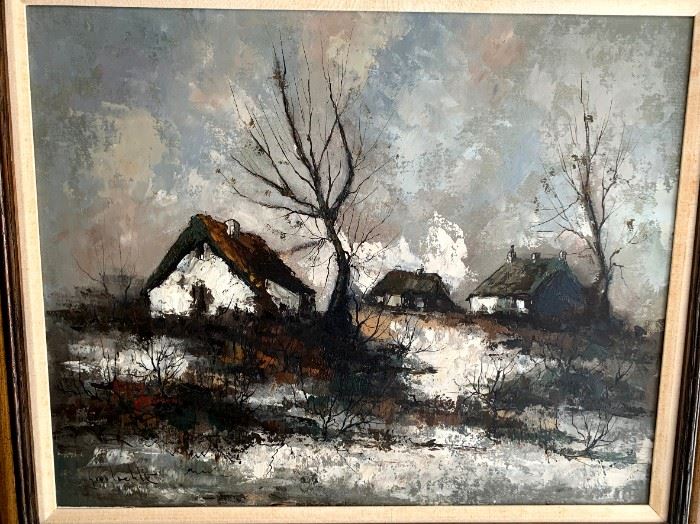 Oil painting of winter scene. Signature illegible. Frame measures 38”x 32”, Image 29 ½” x 24”.  In very good condition.  