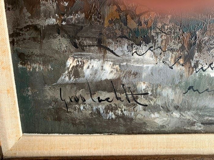 Oil painting of winter scene. Signature illegible. Frame measures 38”x 32”, Image 29 ½” x 24”.  