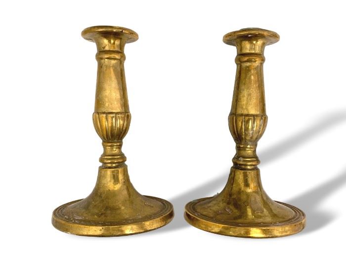 Pair of English heavy brass candlesticks – 6 14” tall – wax residue.  