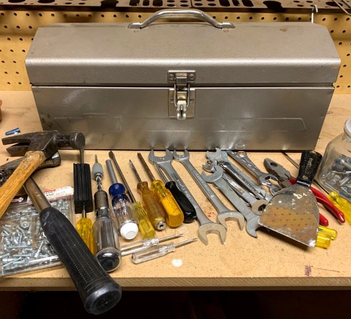 LOT OF TOOLS AND TOOLBOX – Including Craftsman items. Good condition. Toolbox measures 9” high by 19” across by 7” deep.  