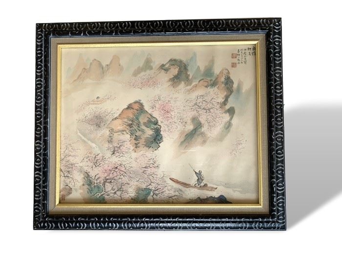 Framed Japanese painting on silk. Normal wear to frame, some fading to image.  Frame measures 20 ½ tall by 24 ½ wide. Image 15 ½ high by 19 ½ across. 