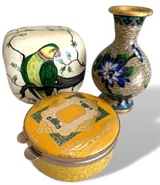 Lot of trinket boxes and small cloissone vase. Leather trinket box made in Italy, Bird box made in India. 