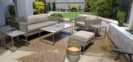Crate and Barrel Dune Light Gray Sofa, 4 nesting tables, coffee table, lounge chair and Ottoman. 8 Piece patio furniture. Purchased 3.5 years ago for $4,600.00 selling for $2,600.00