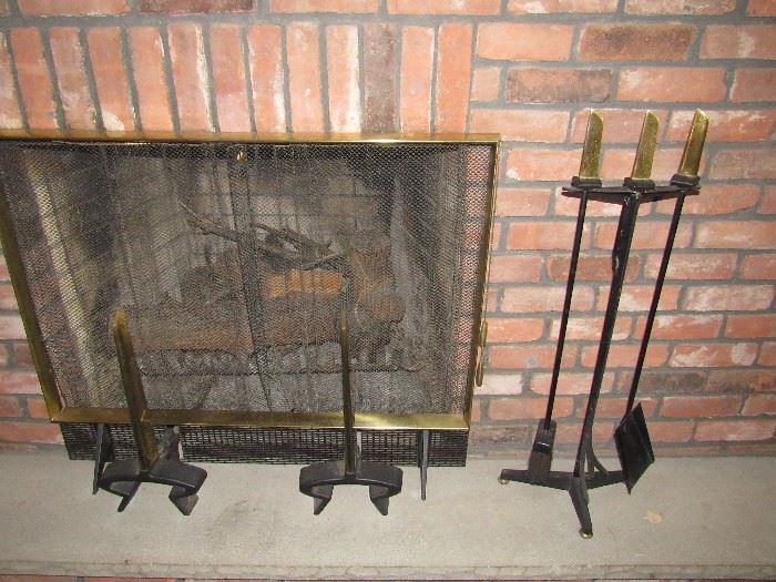 Donald Deskey for Bennett mid century modern Fireplace Screen , Tools and Andirons