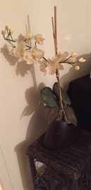 Silk Orchid Plant, Wicker Table