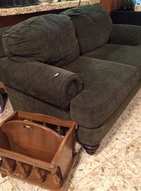Olive Green Oversized Love Seat, Maple Magazine Floor Rack