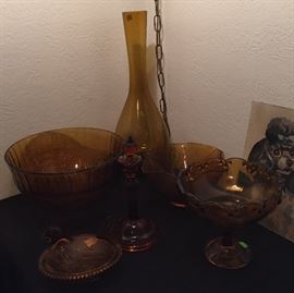 Amber Punchbowl, Vase & Salad Bowl, Fenton Fruit/Candy Dish, Hen, Lantern