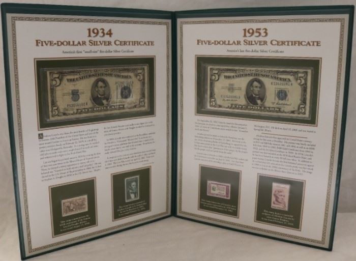 Five dollar silver certificates with stamps