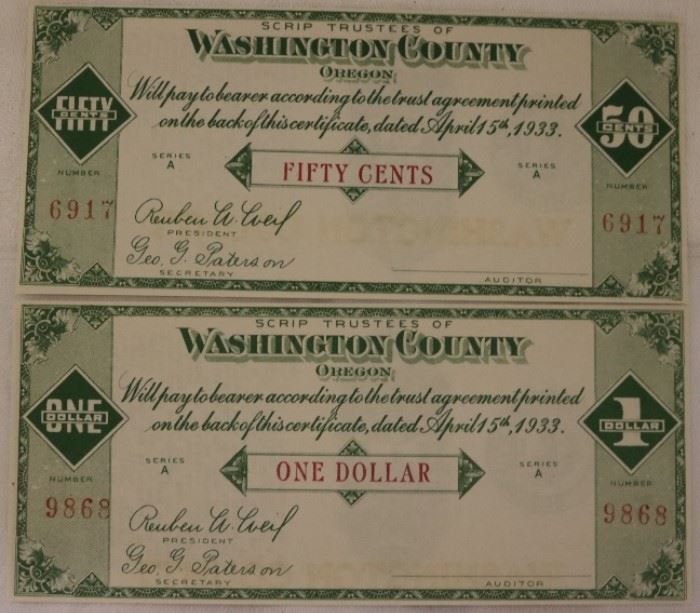 Washington County 50 cent and $1 Depression era scrip
